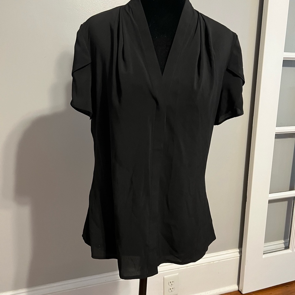 Calvin Klein Black Cap Sleeve Blouse with Mandarin Collar